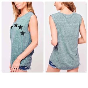 Teal heathered cut off tee with star print